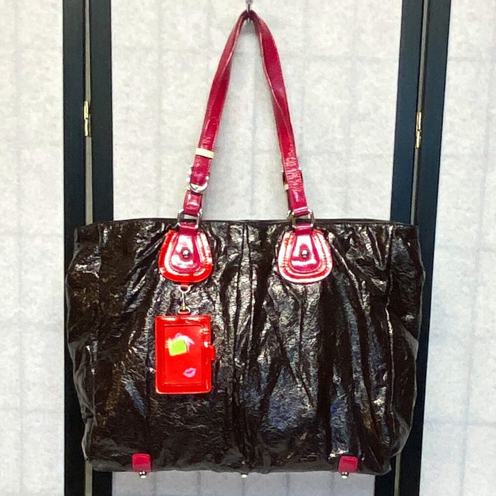 Franklin Covey Gals Simulated Patent Leather 2 Strap Multi Pocket Tote Bag Black